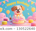 人工智慧生成的生日插圖，一隻微笑的小狗用彩色馬卡龍和蛋糕慶祝生日 130522640