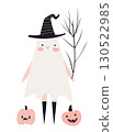 Ghost wearing witch hat holding branch standing between two pumpkins with faces. Flat vector illustration isolated on white background. Halloween celebration and autumn holiday concept for greeting 130522985