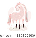 Pink horse with long mane standing on grass with plants. Flat vector illustration isolated on white background. Animal and children design concept for poster, card, invitation, wallpaper, textile 130522989