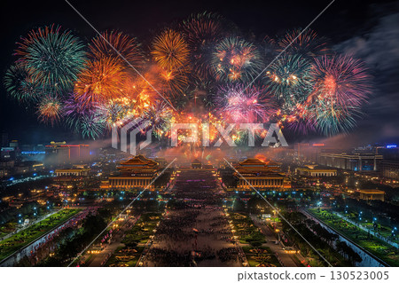 A powerful fireworks display over a crowded square in China. A powerful fireworks display over a crowded square in China. 130523005