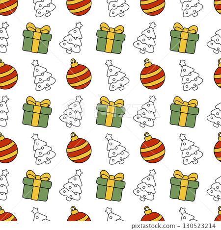 Seamless vector Christmas pattern with gift box, bauble ornament and Christmas tree outline. Perfect for holiday wrapping paper, greeting cards, wallpaper and seasonal decoration. 130523214
