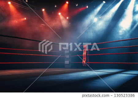 Empty boxing ring with stage lights. 130523386