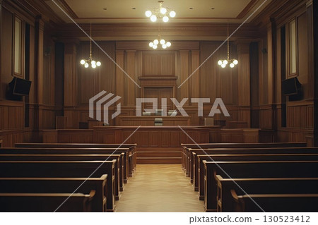 Empty wooden courtroom with justice hall. Empty wooden courtroom with justice hall. 130523412