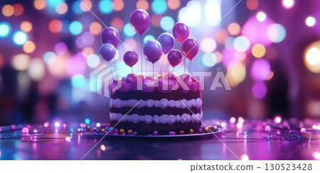 Festive Birthday Cake with Balloons. 130523428