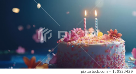 Festive Birthday Cake with Candles. 130523429