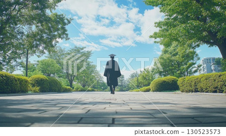 Graduate walks park path with future. 130523573