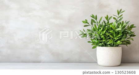 Greenery in pot with textured wall. 130523608