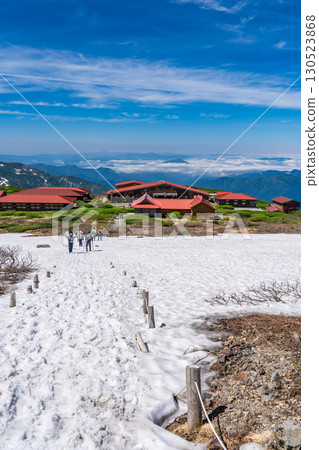 Hakusan Hime Shrine and Murodo Center seen from the Okumiya trail to Mt. Hakusan Gozenmine. Climbing Mt. Hakusan Gozenmine in early summer. Hakusan Hime Shrine and Murodo Center seen from the Okumiya trail to Mt. Hakusan Gozenmine. Climbing Mt. Hakusan Gozenmine in early summer. 130523868