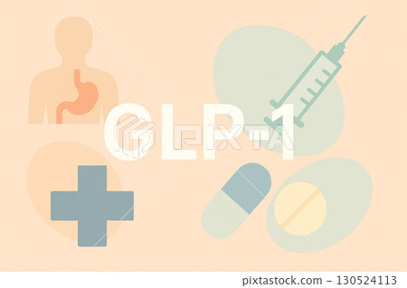 GLP1 concept with medical symbols and syringe on neutral background 130524113