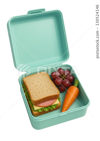 Lunchbox with sandwich, grapes, carrot in teal container, background 130524146