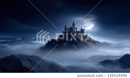 Moonlight Castle on Mountain Peak above Clouds 130524409