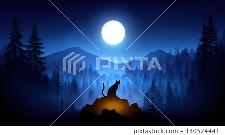 Enigmatic Cat Silhouette Under a Full Moon in a Blue Forest Night Enigmatic Cat Silhouette Under a Full Moon in a Blue Forest Night 130524441