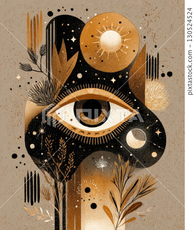 A mystical boho-style illustration features a golden eye surrounded by celestial symbols, plants, and cosmic elements 130524524
