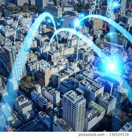 Modern city drone aerial photography and communication network square visual for banners and advertisements 130524538