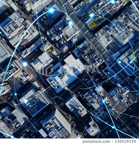 Modern city aerial view and communication network banner/advertising square visual 130524539