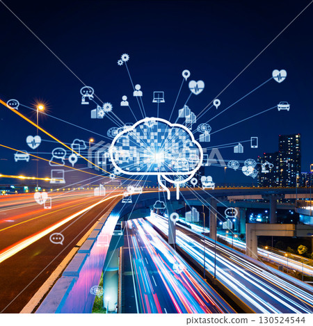 Modern city and AI/artificial intelligence banner/advertising square visual 130524544