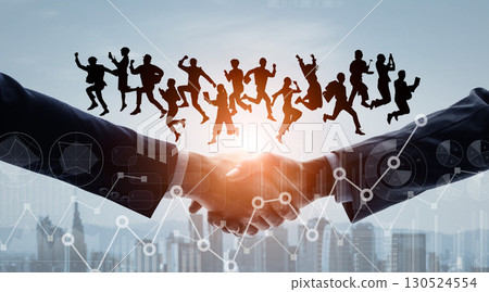 Silhouettes of business people shaking hands with various people jumping against a city background and statistical data Silhouettes of business people shaking hands with various people jumping against a city background and statistical data 130524554