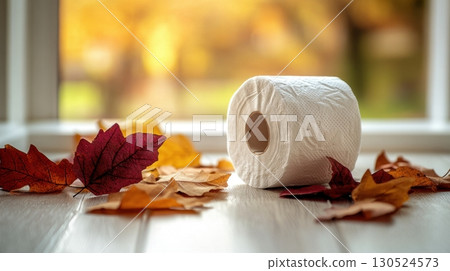 A roll of white toilet paper placed on a wooden floor surrounded by colorful autumn leaves near a window 130524573