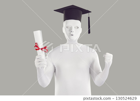 Unknown person dressed in white leotard and mortarboard celebrating success 130524629