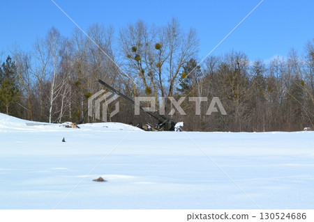 Winter landscape with snowy field, bare trees and old catapult-like structure. Concept of history, cold season, frozen nature and outdoor stillness 130524686