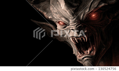A terrifying demonic creature with glowing red eyes and sharp fangs emerges from darkness 130524756
