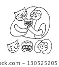 Line art, cute cartoon cat and girl eating hamburger, invitation card, advertising or print, ready logo for your animal projects. 130525205