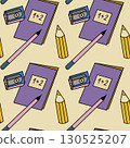 Seamless pattern with study books, pens and pencils, stationery for study, digital illustration. 130525207