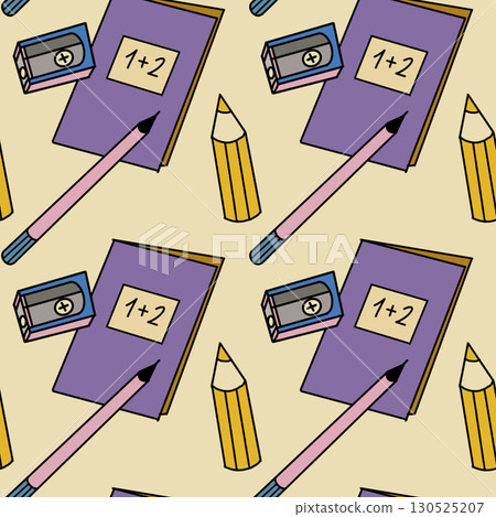 Seamless pattern with study books, pens and pencils, stationery for study, digital illustration. 130525207