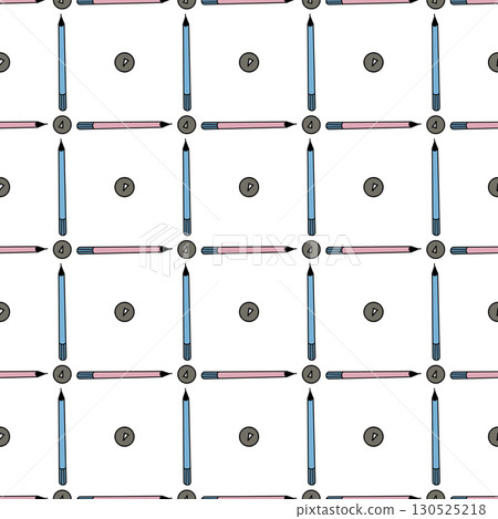 Seamless geometric drawing with pencils and school buttons, squares and polka dots, digital illustration. Seamless geometric drawing with pencils and school buttons, squares and polka dots, digital illustration. 130525218