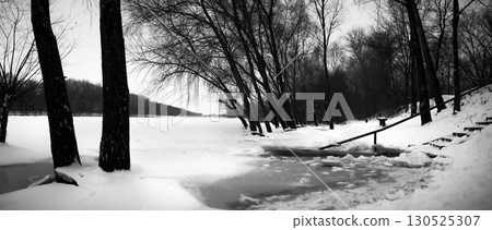 Winter Riverside Serenity: A Frosty Tale Along the Riverbanks 130525307