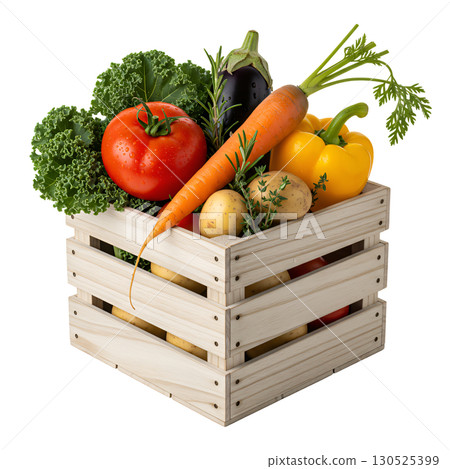Fresh, juicy vegetables: broccoli, carrots, tomatoes, peppers, eggplant and lettuce in a wooden box. Isolate. An ideal image for healthy eating websites, blogs, and advertising campaigns. 130525399