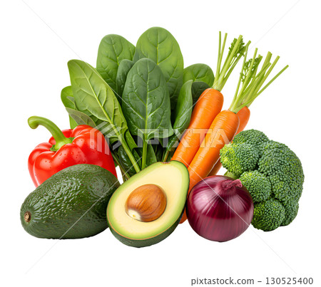 Fresh, juicy vegetables: spinach, carrots, avocados, bell peppers, broccoli and onions, laid out on a white background. Isolate. Ideal for healthy food websites, blogs, and advertising campaigns. 130525400