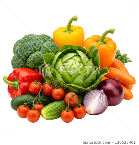 Fresh, juicy vegetables: tomatoes, peppers, eggplant, broccoli, zucchini, carrots and red onions with drops of water. Isolate. Ideal for healthy food websites, blogs, and advertising campaigns. 130525401