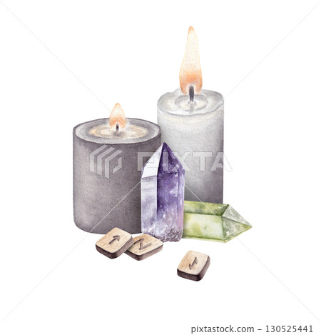 Watercolor composition of candles, crystals and runes. Hand drawn illustration isolated on white background Watercolor composition of candles, crystals and runes. Hand drawn illustration isolated on white background 130525441