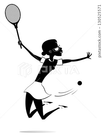 Happy young woman playing tennis. Tennis court. Jumping girl with tennis racket happy to make a good shot. Black and white illustration Happy young woman playing tennis. Tennis court. Jumping girl with tennis racket happy to make a good shot. Black and white illustration 130525571