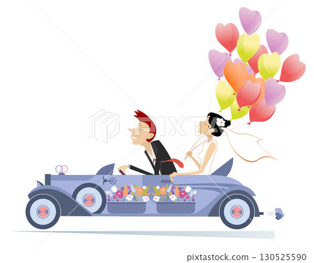 Happy married wedding couple rides a car.  Happy bridegroom and bride with a bunches of flowers and air balloons ride a car. Isolated on white background 130525590