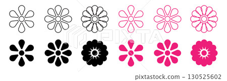Minimal line flower icon. Flat floral silhouette set, flowers petal shape, daisy symbol isolated 130525602