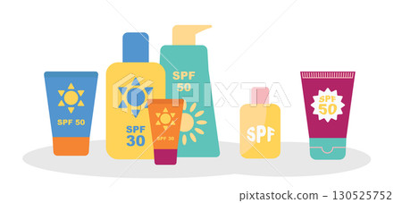 Sunscreen cream bottle icon. Sun screen lotion tube, spf sunblock spray container, solar cosmetic 130525752