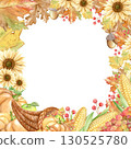 Watercolor square frame with hand drawn autumn illustrations:cornucopia,pumpkins,sunflowers,dry leaves etc isolated on white background. Suitable for design, printing, decoration of Thanksgiving cards 130525780