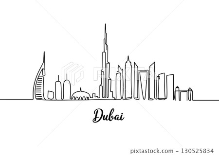 A Continuous Line Drawing of the Dubai City Skyline, Including the Burj Khalifa 130525834