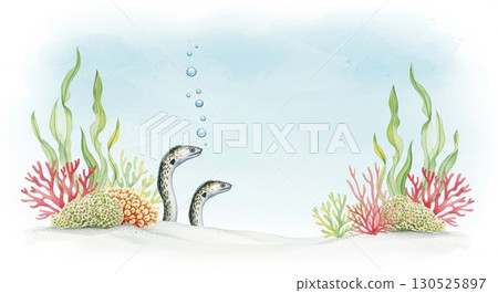 被五彩繽紛的海藻包圍的花園鰻魚的水彩畫 130525897