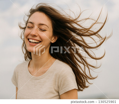 Outdoor photo of a happy smiling woman 130525901