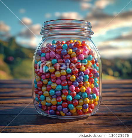 Glass jar filled with colorful sugar candies sits on wooden surface, with blurred outdoor background. vibrant candies create cheerful scene 130525976