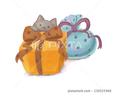 Watercolor illustration of a cat peeking out of a Halloween-colored gift box 130525988