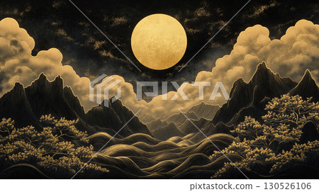 Golden moon illuminates serene Chinese landscape with mountains and clouds, creating mystical atmosphere 130526106