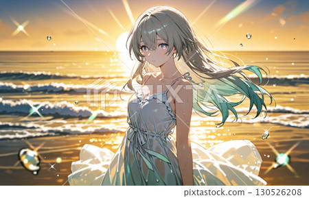 日落大海和女性肖像 130526208