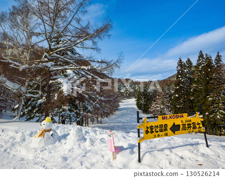 Snowmen and guide signs on the connecting course of a ski resort (Yamanouchi Town, Nagano Prefecture, Mt. Kosha) 130526214