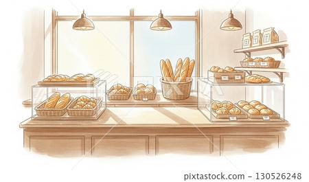 麵包店內部插圖，早晨的陽光灑進來 130526248