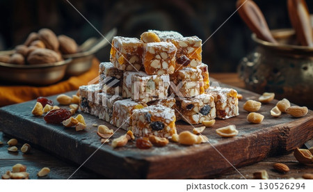Traditional Turkish Delight With Nuts And Dried Fruits Displayed On Antique Brown Table With Rustic 130526294
