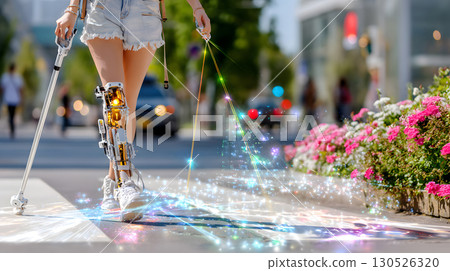 A visually impaired person confidently walking in the city with a smart AI cane. Ideal for inclusive tech, accessibility, and social equality themes. A visually impaired person confidently walking in the city with a smart AI cane. Ideal for inclusive tech, accessibility, and social equality themes. 130526320